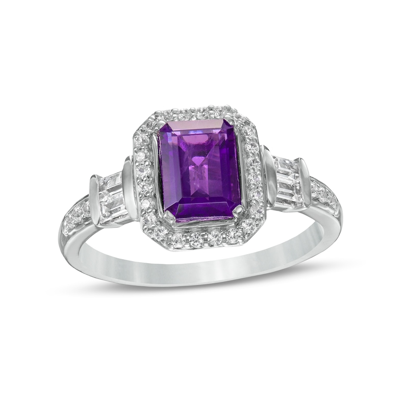 Emerald-Cut Amethyst and White Lab-Created Sapphire Cushion Frame Ring in Sterling Silver|Peoples Jewellers