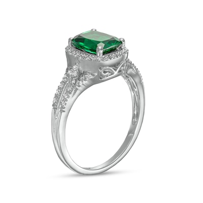 Cushion-Cut Lab-Created Emerald and White Lab-Created Sapphire Frame Split Shank Ring in Sterling Silver