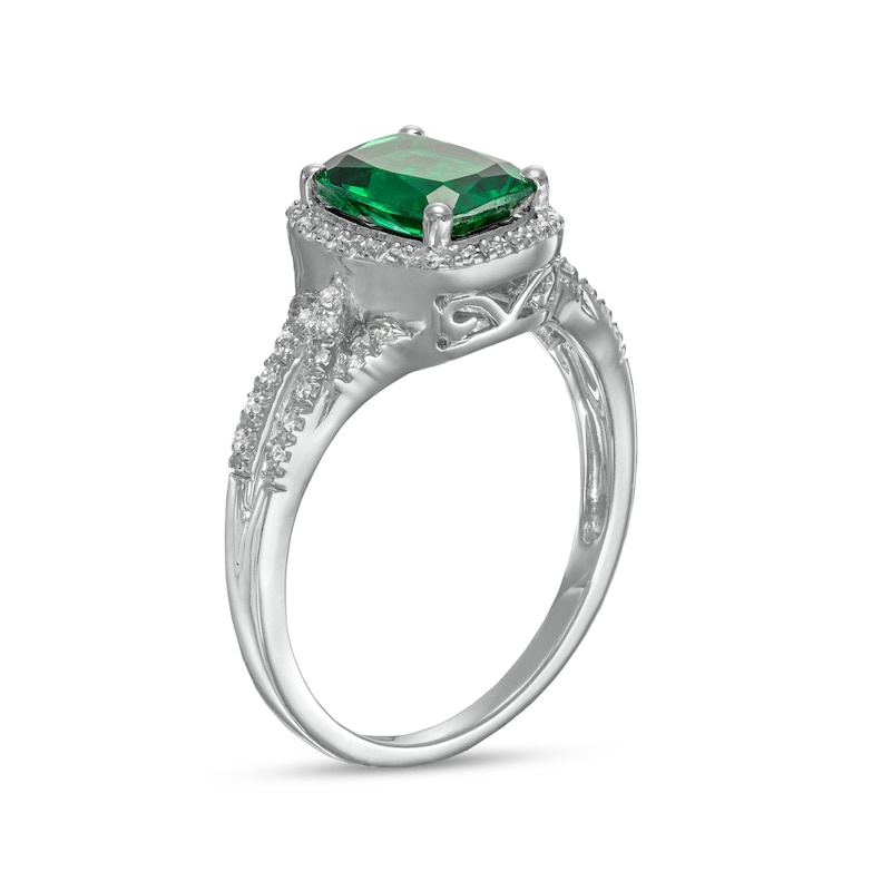 Cushion-Cut Lab-Created Emerald and White Lab-Created Sapphire Frame Split Shank Ring in Sterling Silver|Peoples Jewellers