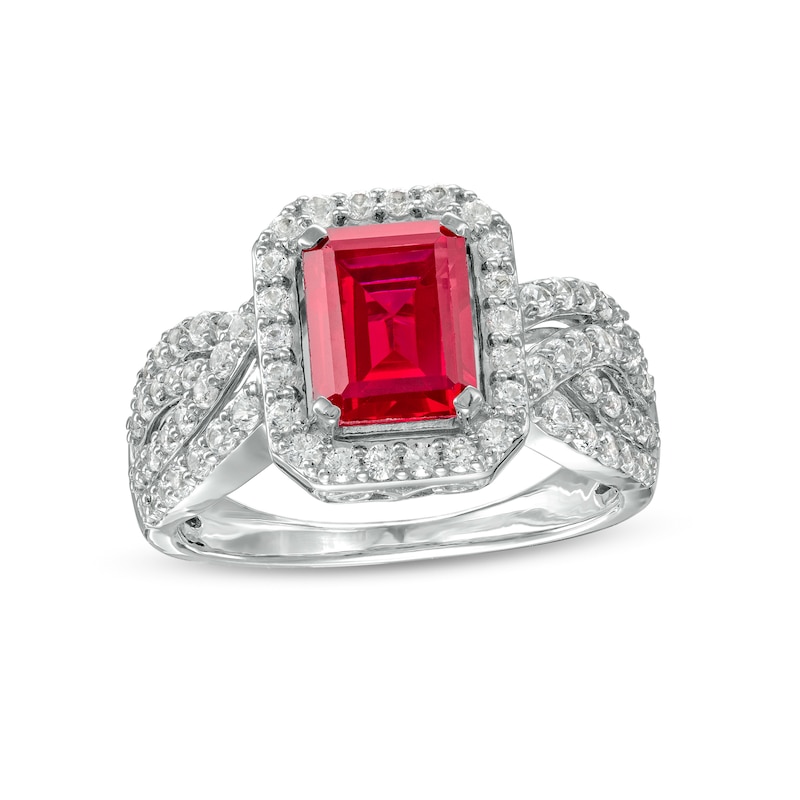 Emerald-Cut Lab-Created Ruby and White Lab-Created Sapphire Frame Multi-Row Shank Ring in Sterling Silver|Peoples Jewellers