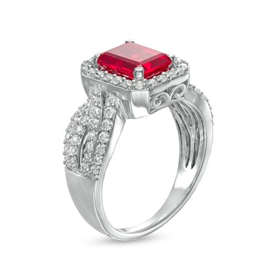 Emerald-Cut Lab-Created Ruby and White Lab-Created Sapphire Frame Multi-Row Shank Ring in Sterling Silver