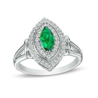 Marquise Lab-Created Emerald and White Lab-Created Sapphire Collar Frame Ring in Sterling Silver