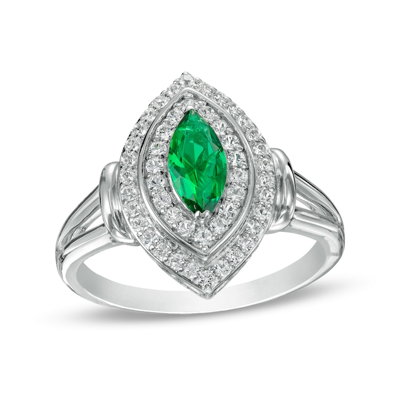 Marquise Lab-Created Emerald and White Lab-Created Sapphire Collar Frame Ring in Sterling Silver|Peoples Jewellers