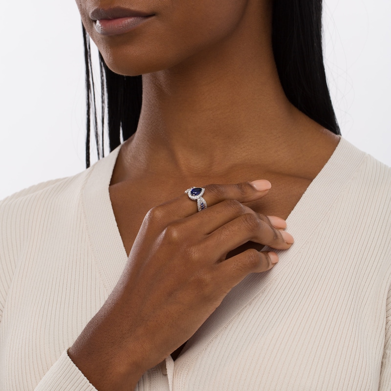 Pear-Shaped Blue and White Lab-Created Sapphire Frame Ring in Sterling Silver|Peoples Jewellers