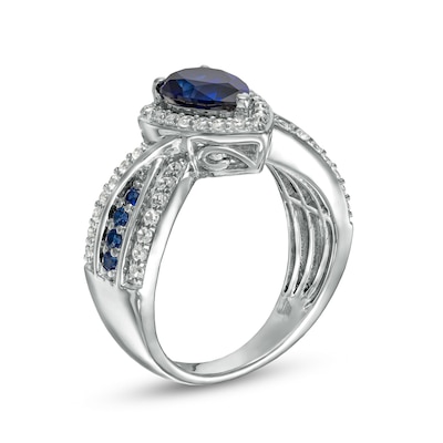 Pear-Shaped Blue and White Lab-Created Sapphire Frame Ring in Sterling Silver