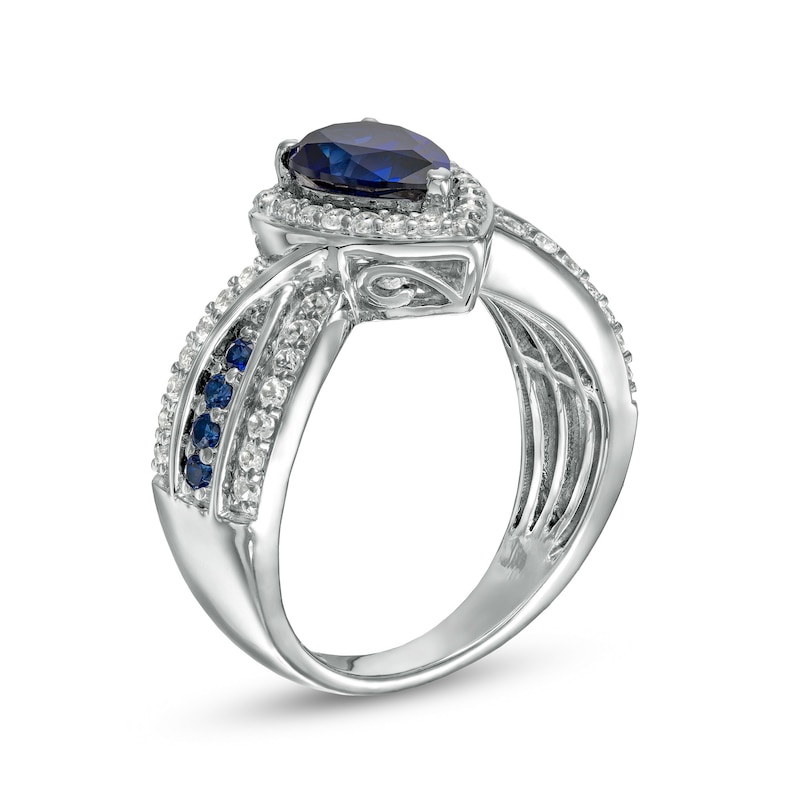 Pear-Shaped Blue and White Lab-Created Sapphire Frame Ring in Sterling Silver