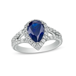 Pear-Shaped Blue and White Lab-Created Sapphire Frame Split Shank Ring in Sterling Silver