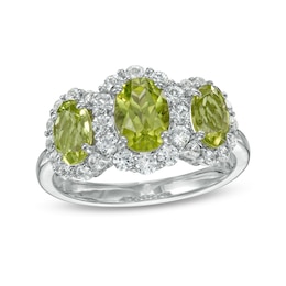 Oval Peridot and White Lab-Created Sapphire Frame Three Stone Ring in Sterling Silver