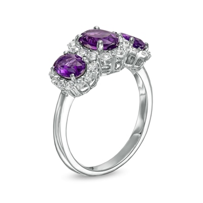 Oval Amethyst and White Lab-Created Sapphire Frame Three Stone Ring in Sterling Silver