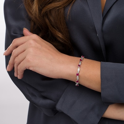 5.0mm Heart-Shaped Lab-Created Ruby and White Lab-Created Sapphire Alternating Line Bracelet in Sterling Silver - 7.5"