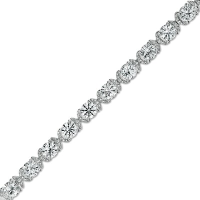 5.0mm White Lab-Created Sapphire and 0.04 CT. T.W. Diamond Oval Frame Line Bracelet in Sterling Silver - 7.5"