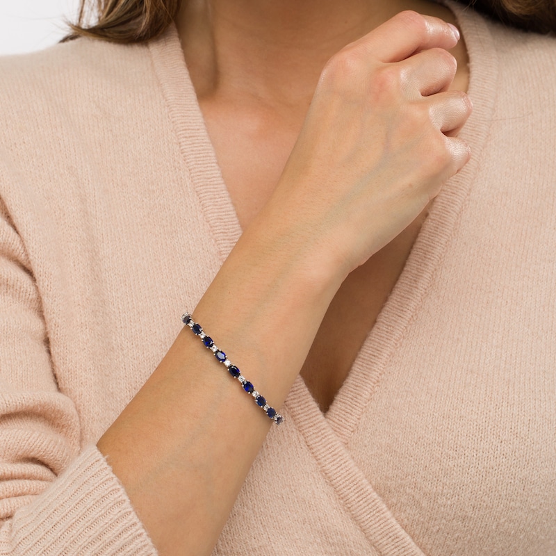 Oval Blue and White Lab-Created Sapphire Alternating Line Bracelet in Sterling Silver - 7.25"