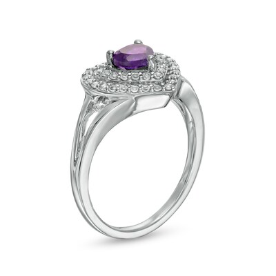 5.0mm Heart-Shaped Amethyst and White Lab-Created Sapphire Double Frame Ring in Sterling Silver