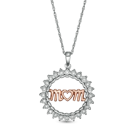 0.086 CT. T.W. Diamond "mom" Heart Sunburst Frame Pendant in Sterling Silver and 10K Rose Gold