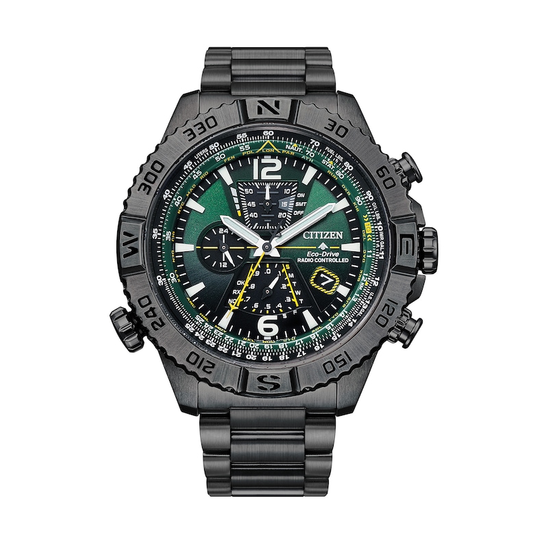 Men's Citizen Eco-Drive® Promaster Navihawk Gunmetal Grey IP Chronograph Watch with Green Dial (Model: AT8227-56X)|Peoples Jewellers
