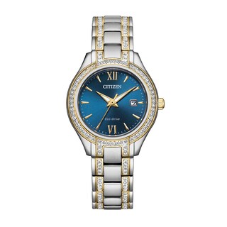 Ladies' Citizen Eco-Drive® Silhouette Crystal Accent Two-Tone Watch with Blue Dial (Model: FE1234-50L)