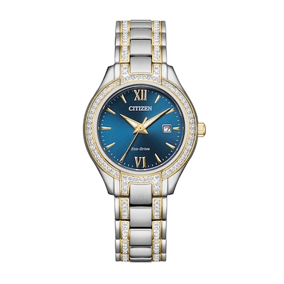 Ladies' Citizen Eco-Drive® Silhouette Crystal Accent Two-Tone Watch with Blue Dial (Model: FE1234-50L)