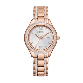 Ladies' Citizen Eco-Drive® Silhouette Crystal Accent Rose-Tone Watch with Silver-Tone Dial (Model: FE1233-52A)