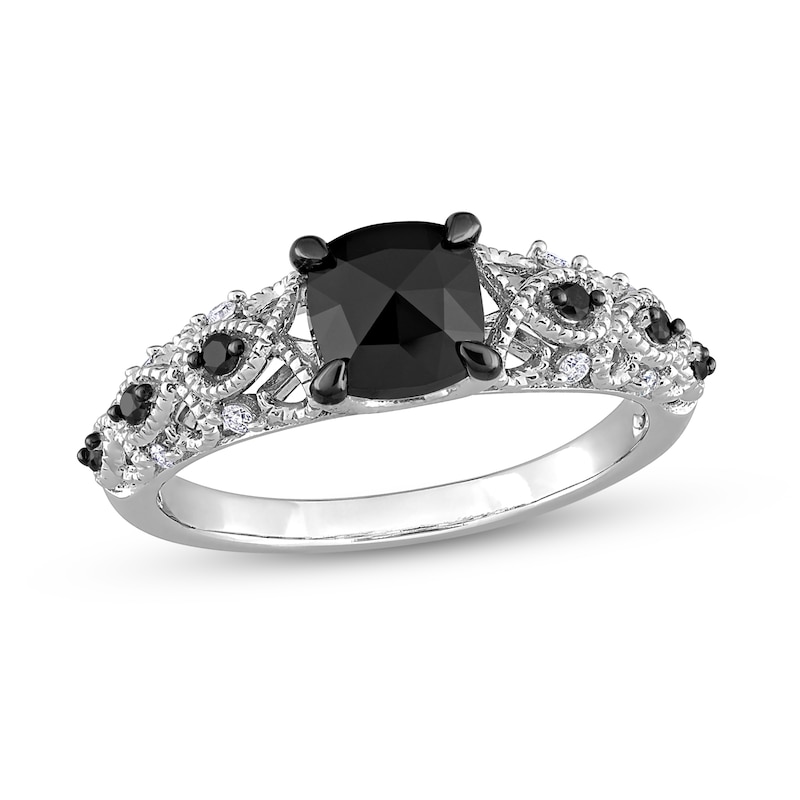 1.12 CT. T.W. Black Enhanced and White Cushion-Cut Diamond Twist Shank Engagement Ring in 14K White Gold|Peoples Jewellers