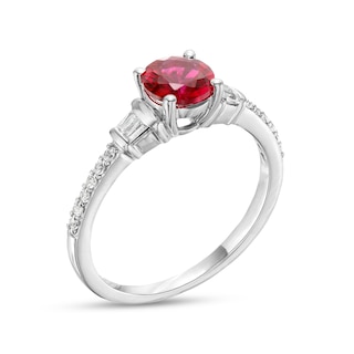 6.0mm Lab-Created Ruby with Baguette and Round White Lab-Created Sapphire Side Accent Ring in Sterling Silver