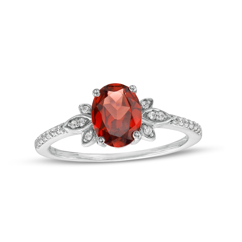 Oval Garnet and 0.086 CT. T.W. Diamond Leaf-Sides Floral Ring in 10K White Gold|Peoples Jewellers