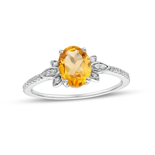 Oval Citrine and 0.086 CT. T.W. Diamond Leaf-Sides Floral Ring in 10K White Gold