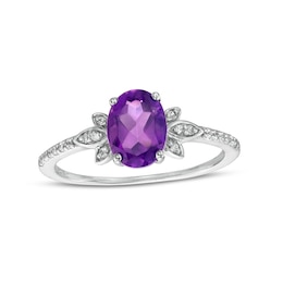 Oval Amethyst and 0.086 CT. T.W. Diamond Leaf-Sides Floral Ring in 10K White Gold