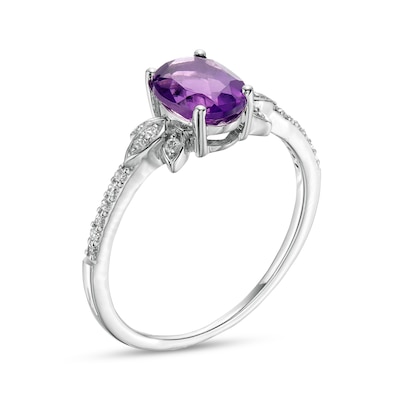 Oval Amethyst and 0.086 CT. T.W. Diamond Leaf-Sides Floral Ring in 10K White Gold