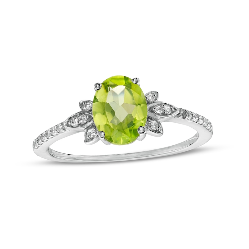Oval Peridot and 0.086 CT. T.W. Diamond Leaf-Sides Floral Ring in 10K White Gold|Peoples Jewellers