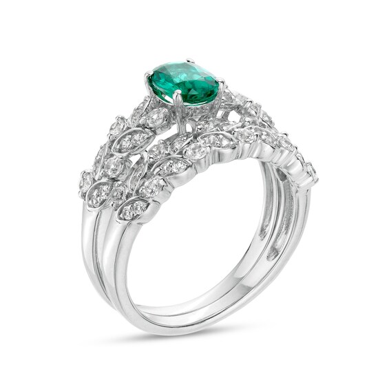 Oval Lab-Created Emerald and White Lab-Created Sapphire Double Row Leaf Shank Bridal Set in Sterling Silver