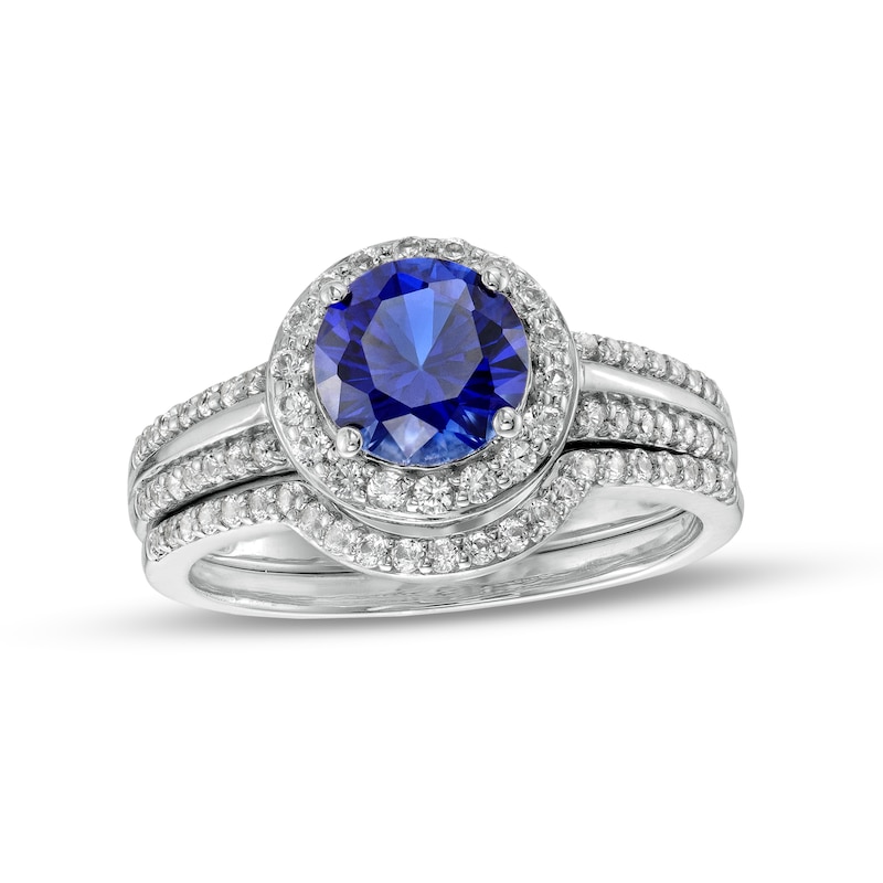 7.0mm Blue and White Lab-Created Sapphire Frame Triple Row Bridal Set in Sterling Silver