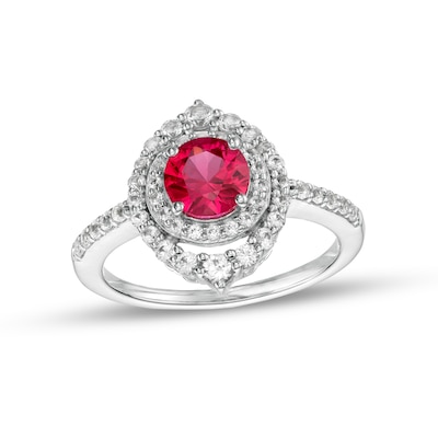 6.0mm Lab-Created Ruby and White Lab-Created Sapphire Double Crown Frame Ring in Sterling Silver