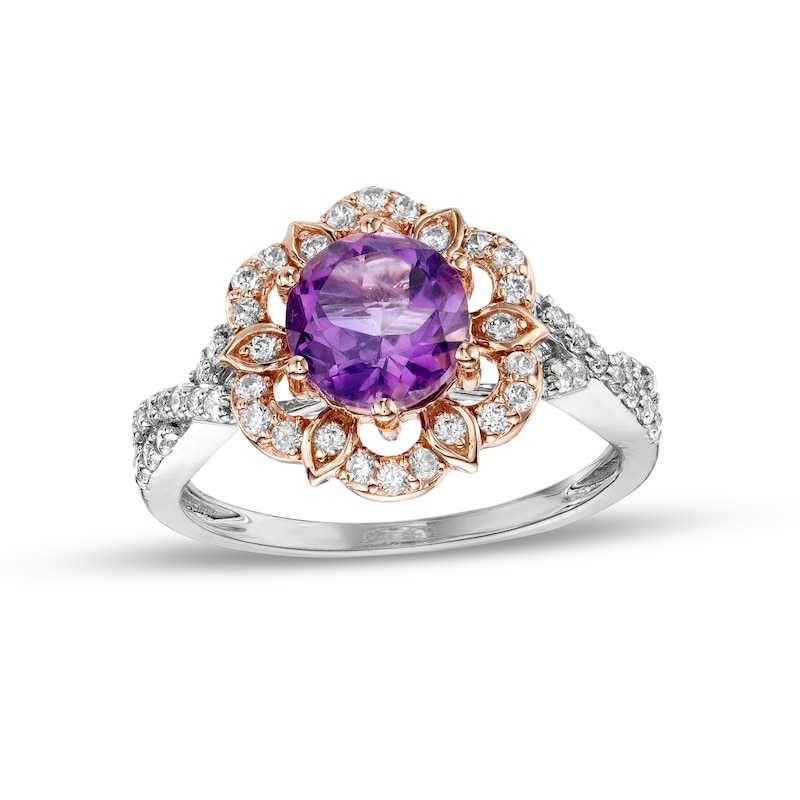 7.0mm Amethyst and 0.29 CT. T.W. Diamond Petal Frame Twist Shank Flower Ring in 10K Two-Tone Gold|Peoples Jewellers
