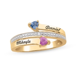 Couple's Gemstone and Diamond Accent Engravable Bypass Ring (2 Stones and Lines)