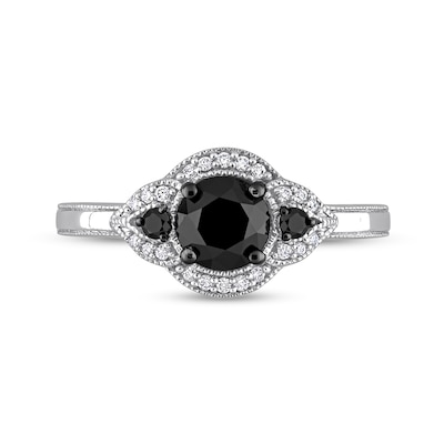 1.14 CT. T.W. Black Enhanced and White Diamond Frame Three Stone Engagement Ring in 14K White Gold