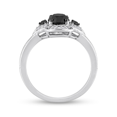 1.14 CT. T.W. Black Enhanced and White Diamond Frame Three Stone Engagement Ring in 14K White Gold