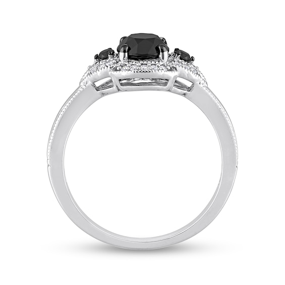 1.14 CT. T.W. Black Enhanced and White Diamond Frame Three Stone Engagement Ring in 14K White Gold