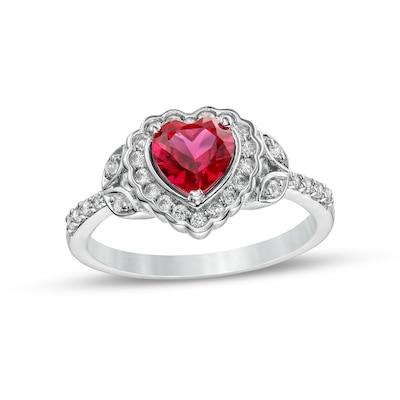 Heart-Shaped Lab-Created Ruby and White Lab-Created Sapphire Scallop Frame Leaf-Sides Flower Ring in Sterling Silver