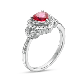 Heart-Shaped Lab-Created Ruby and White Lab-Created Sapphire Scallop Frame Leaf-Sides Flower Ring in Sterling Silver