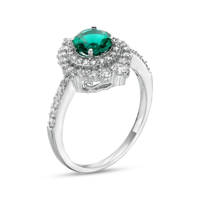 6.0mm Lab-Created Emerald and White Lab-Created Sapphire Double Crown Frame Ring in Sterling Silver