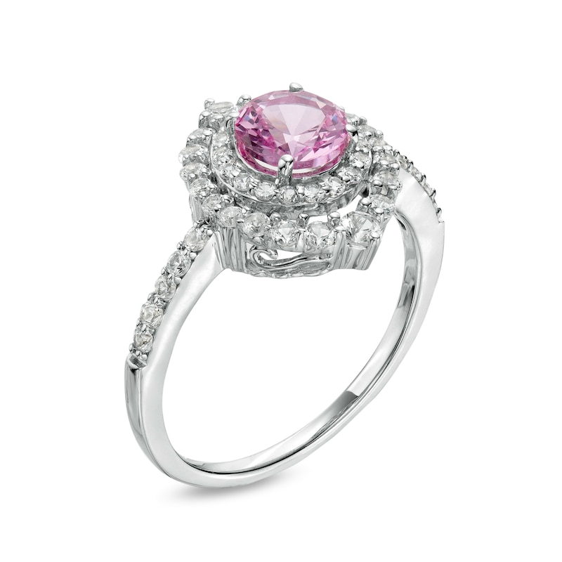 Main Image 3 of 6.0mm Pink and White Lab-Created Sapphire Double Crown Frame Ring in Sterling Silver