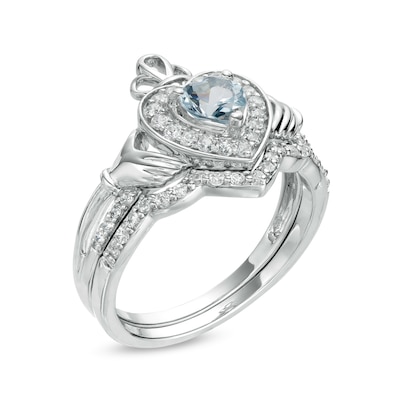 5.0mm Heart-Shaped Aquamarine and 0.29 CT. T.W. Diamond Frame Claddagh Bridal Set in Sterling Silver