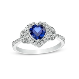 6.0mm Heart-Shaped Blue and White Lab-Created Sapphire Scallop Frame Leaf-Sides Flower Ring in Sterling Silver