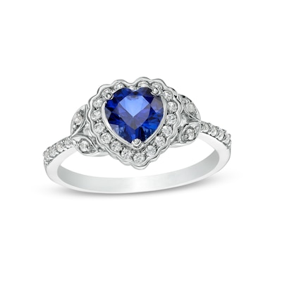 6.0mm Heart-Shaped Blue and White Lab-Created Sapphire Scallop Frame Leaf-Sides Flower Ring in Sterling Silver