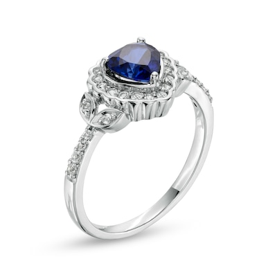 6.0mm Heart-Shaped Blue and White Lab-Created Sapphire Scallop Frame Leaf-Sides Flower Ring in Sterling Silver