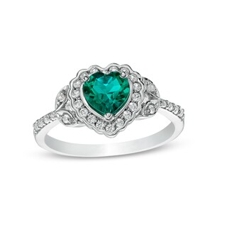 Heart-Shaped Lab-Created Emerald and White Lab-Created Sapphire Scallop Frame Leaf-Sides Flower Ring in Sterling Silver