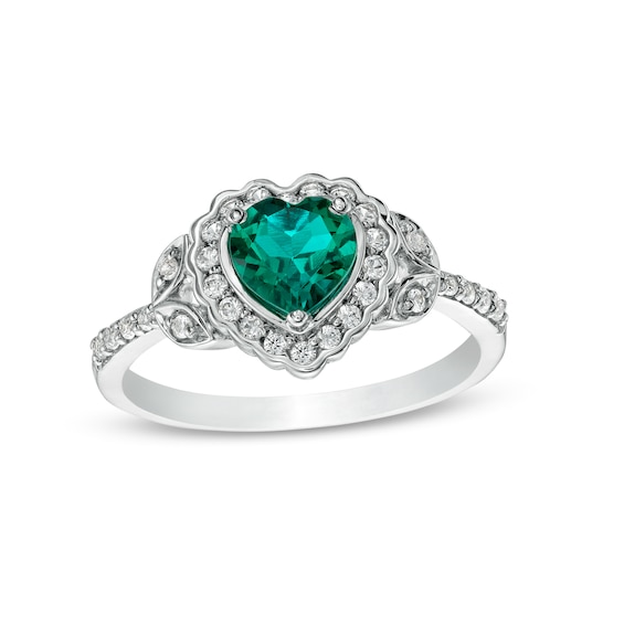 Heart-Shaped Lab-Created Emerald and White Lab-Created Sapphire Scallop Frame Leaf-Sides Flower Ring in Sterling Silver