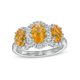 Oval Citrine and White Lab-Created Sapphire Frame Three Stone Ring in Sterling Silver