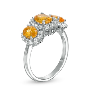 Oval Citrine and White Lab-Created Sapphire Frame Three Stone Ring in Sterling Silver