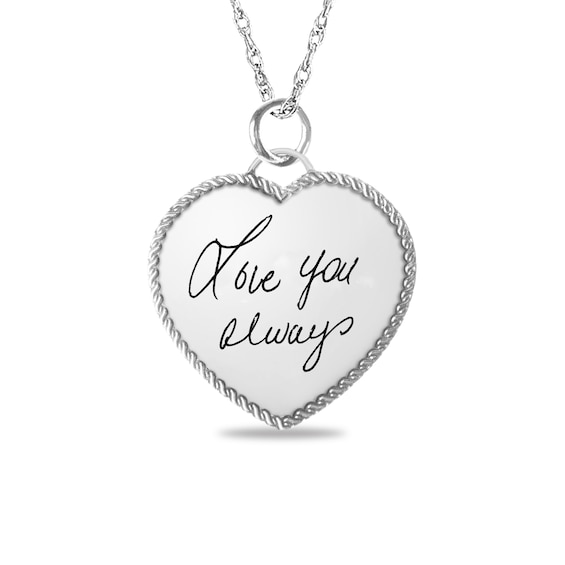 Engravable Your Own Handwriting Rope Frame Heart Pendant in Sterling Silver (1 Image and 2 Lines)